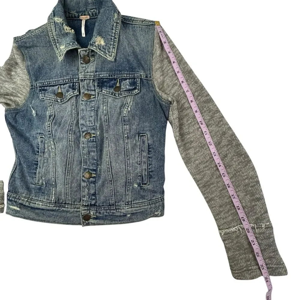 Free People Distressed Knit Denim Jean Jacket Women XS Blue Grey NO HOOD - Picture 12 of 12